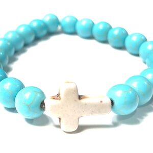 Handmade New Off White Cross Imitation Turquoise Stretch Bracelet Women Gift